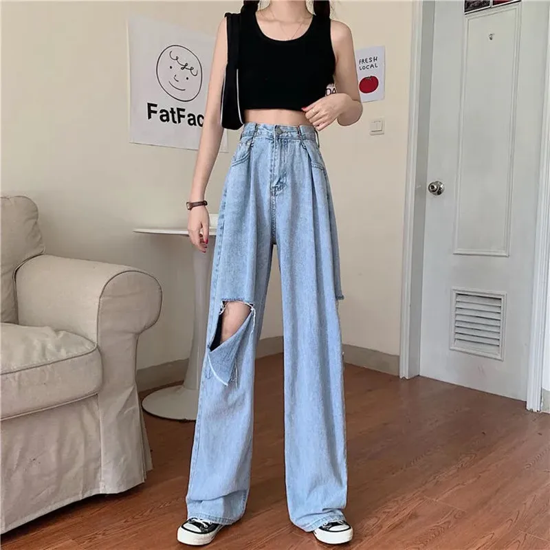 

2021 Summer Jeans Women New Korean HyunA Style High Waist Wide Leg Ripped Jeans