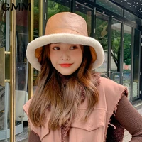 thick warm plush winter hats for women solid color pu leather bucket hat outdoor warm panama fisherman hats korean female cap