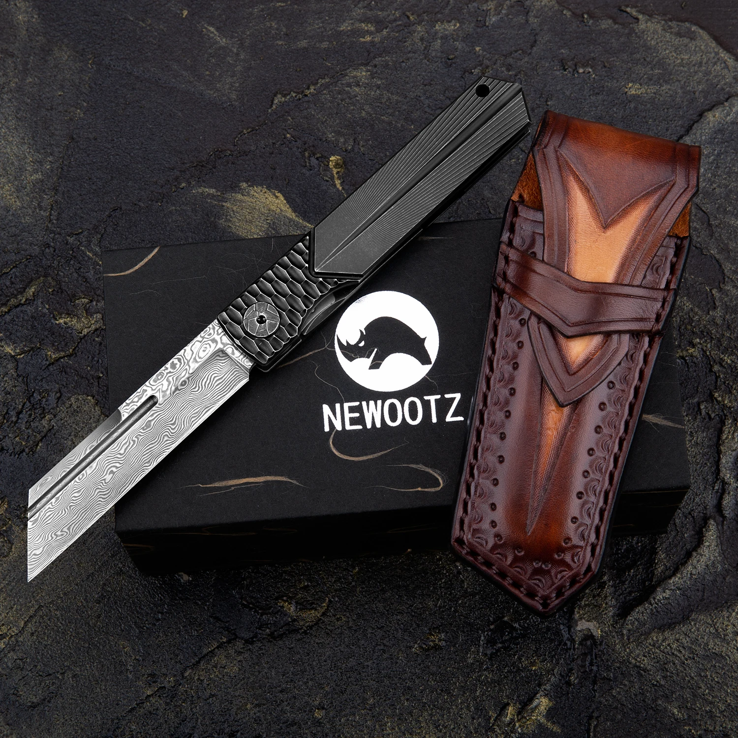 Ножи NEWOOTZ складные из дамасской стали с титановой рукояткой зажимом и ножнами -