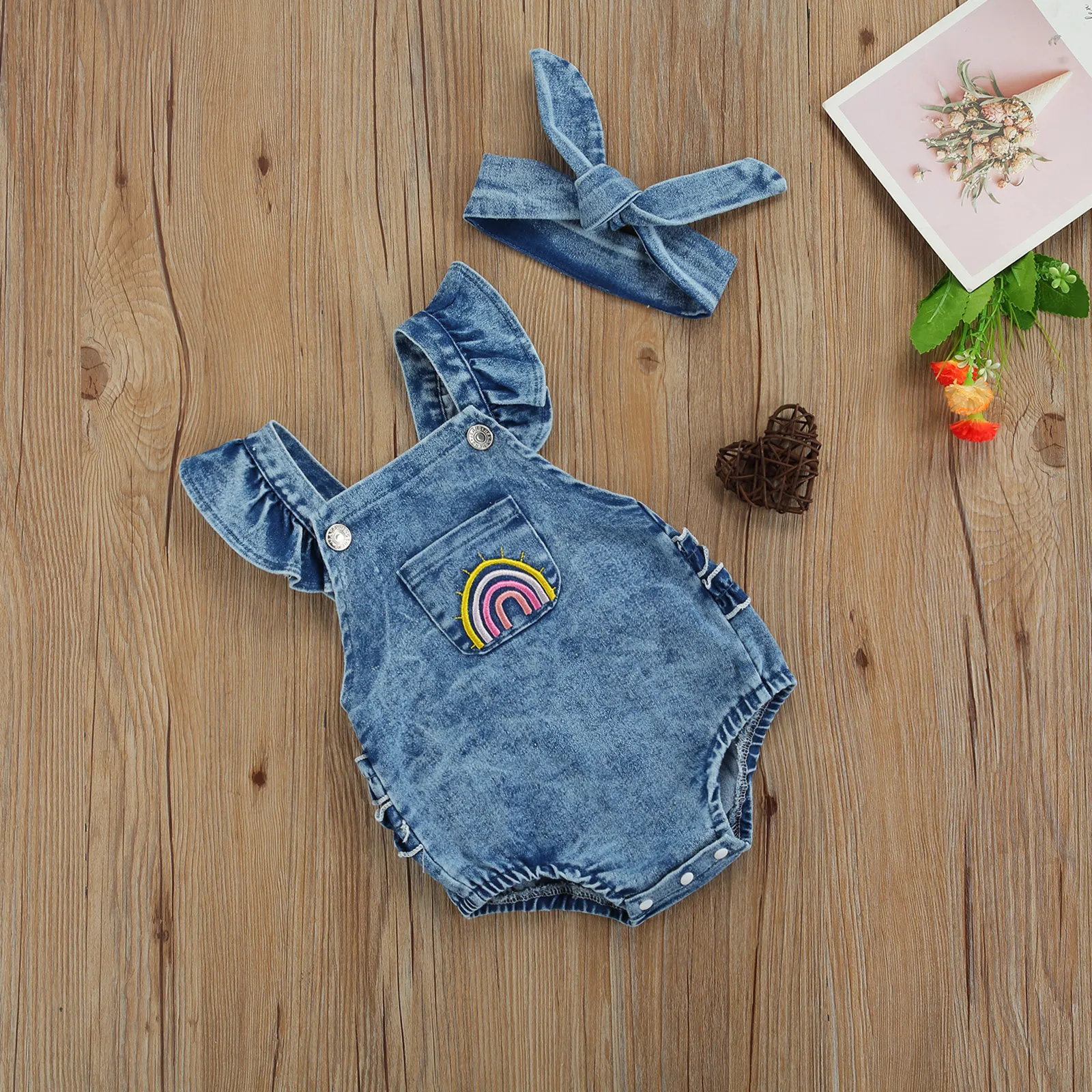 

Toddler Newborn Baby Clothes Infant Kids Girls Rompers Rainbow Embroidery Strap Denim Jumpsuits Casual Children's Clothing Sets