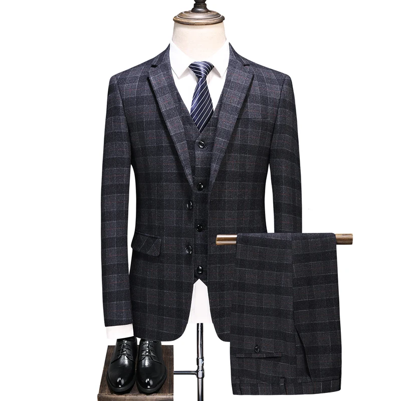 

(Jacket+Vest+Pants)2021 Men Suit Set Fashion Boutique Lattice Groom Wedding Dress Men Tuxedo Men Banquet Club Dress Blazers 3Pcs