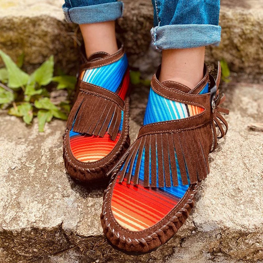 Женские ботинки ботильоны с разноцветным шитьем Повседневные осенние плоские