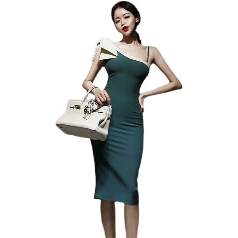 

Summer Elegant Women Green Strapless Dress Bow Oblique Shoulder Sexy Bodycon Party Dress 2021 Female Korean Clothing