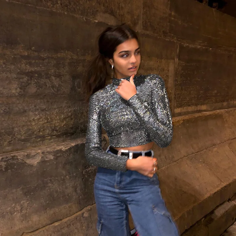 Sexy Women Hip Hop Shiny Sequined Sparkle High Turtleneck Back Hole Crop Top Tee T-Shirts Evening Party Clubwear Tops | Женская одежда