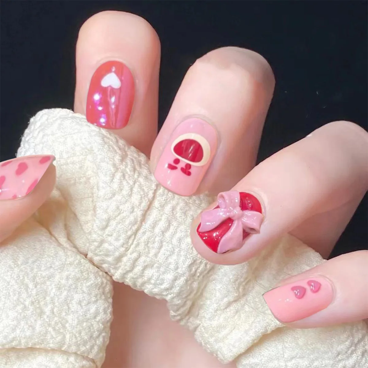 

24PCS Pink Bow Nail Patch Sweet Style Girl Women Nail Art False Nail Patch Wearable Full Cover Cute Bear Pattern False Nail Tips