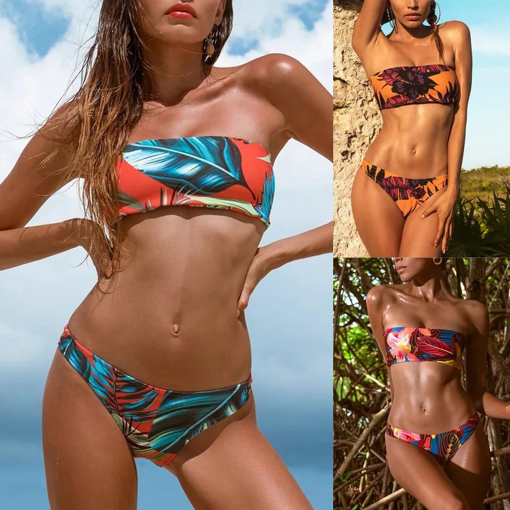 

2020 New Bikini Women Swimwear High Waist Strapless Sexy Bikini Pure Color Women Swimsuit Padded Bathing Suit Swimsuit Set