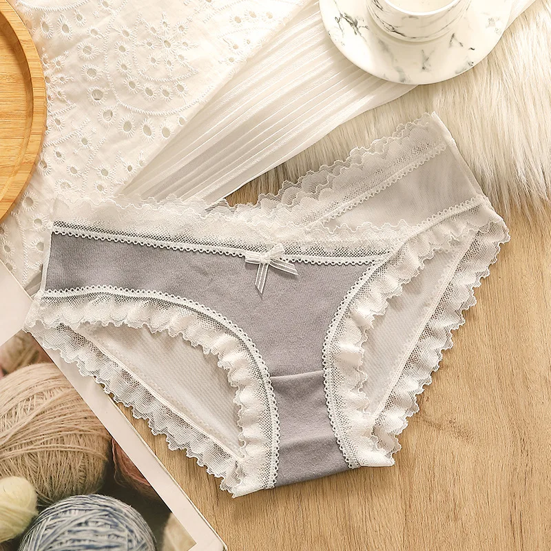 

Women's panties cotton comfortable sexy low-waist lace breathable briefs ruffled mesh hollow mesh buttocks women's underwear