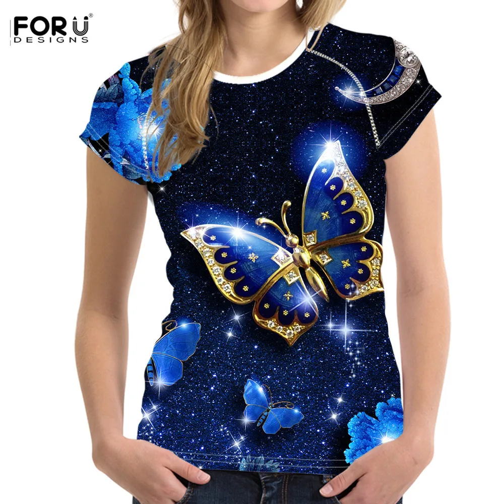 

FORUDESIGNS/красивые женские синие футболки с объемным рисунком бабочек, летние эластичные топы для улицы и вечеринок