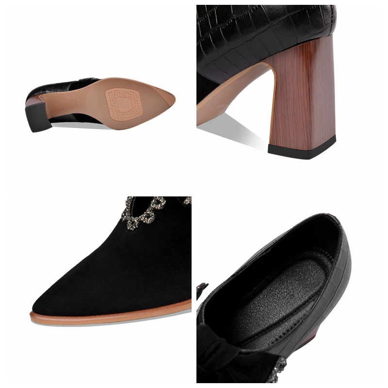 

ORCHA LISA New 2021 Women Pumps Pointed Toe 7.5cm High Wood Heels Genuine Leather Flock Patchwork Bowtie Crystal Bling A3512