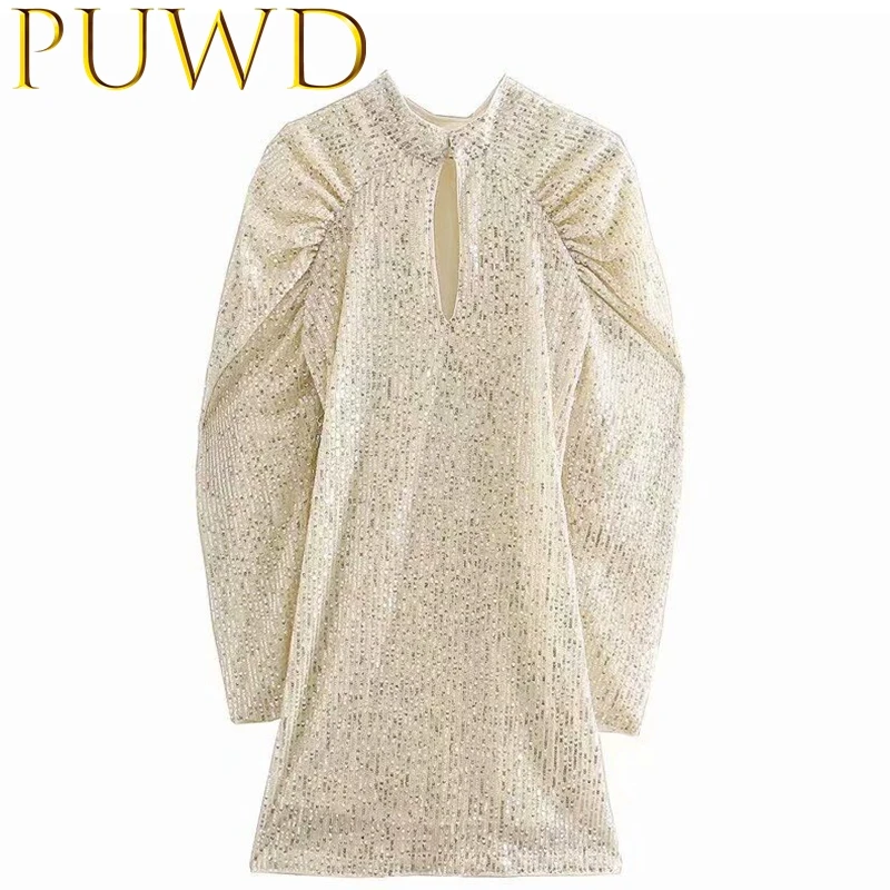 PUWD 2019 Autumn and winter new women's long sleeve fashion style Sequin dress round neck waist short skirt | Женская одежда