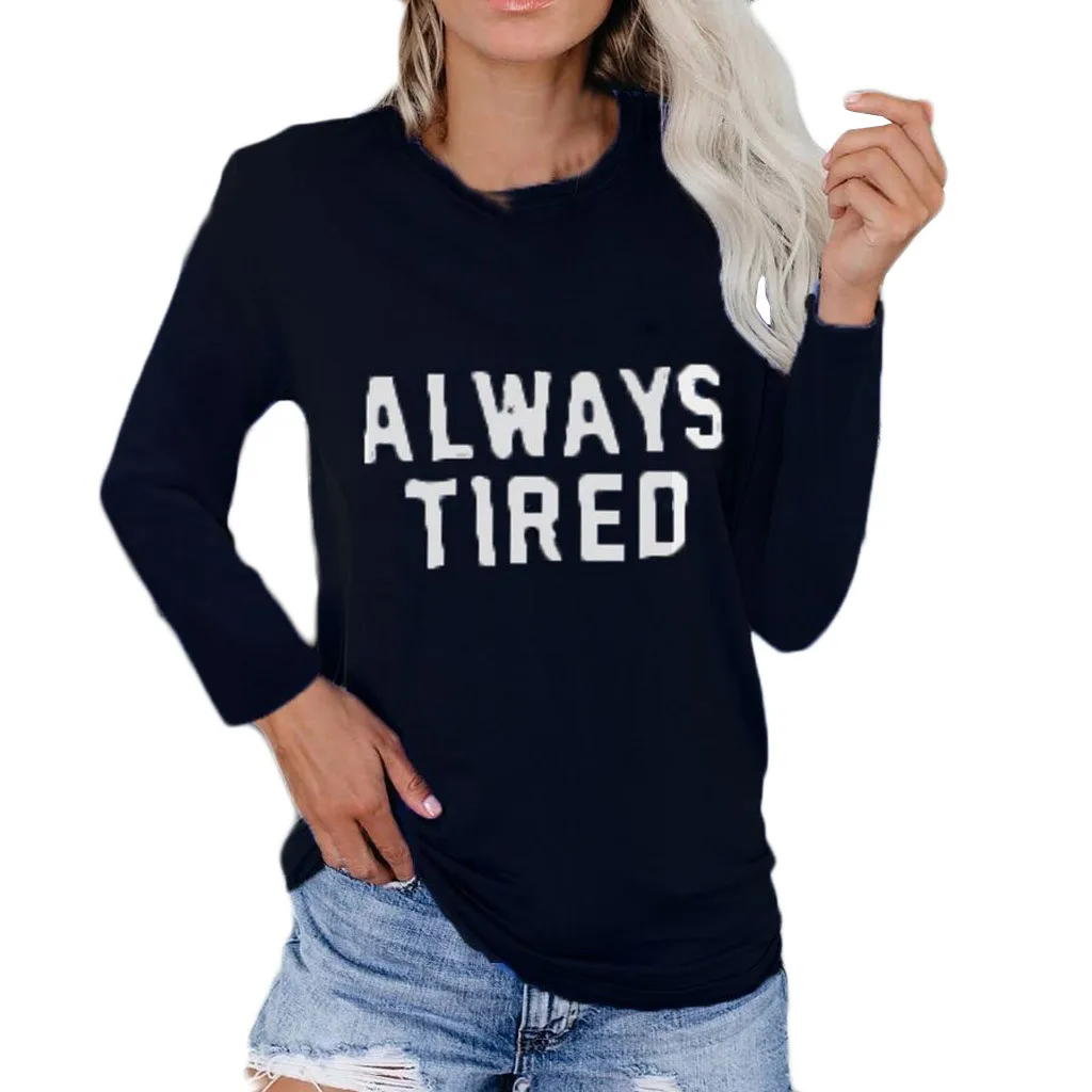 Повседневные женские Простые Топы с буквенным принтом длинными рукавами круглым