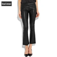 elegant womens skinny stretch solid genuine leather casual ankle length pants office lady fashion sheepskin black flare pants