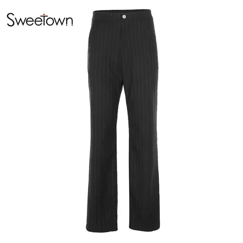black Sweetown, черные полосатые штаны с высокой талией, женская уличная одежда, повседневные длинные брюки с карманами, модные, прямые женские штаны, Новинка - Цвет: black