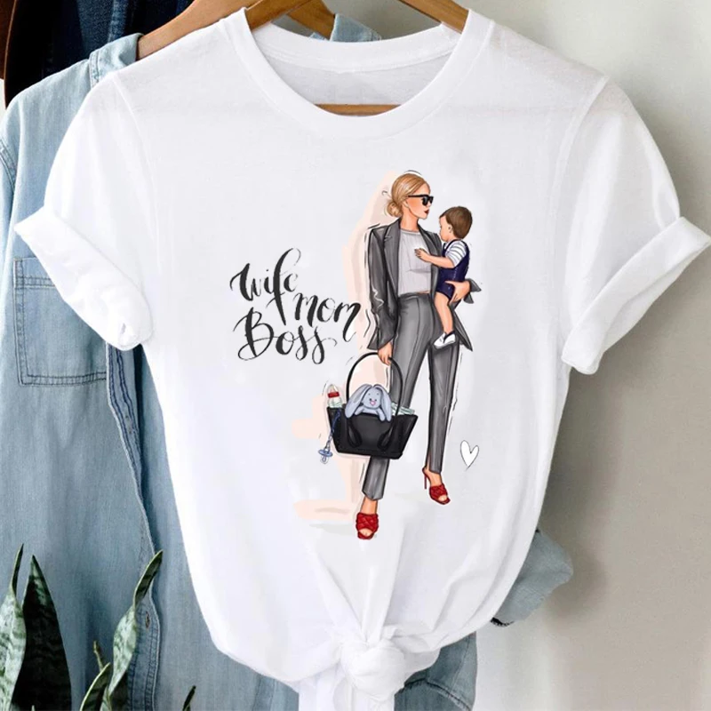 

T-shirts Women Spring 2021 Summer Boy Son Happy Cartoon Mom Mother Mama Clothes Stylish Tshirt Top Tee Lady Print Girl T-Shirt