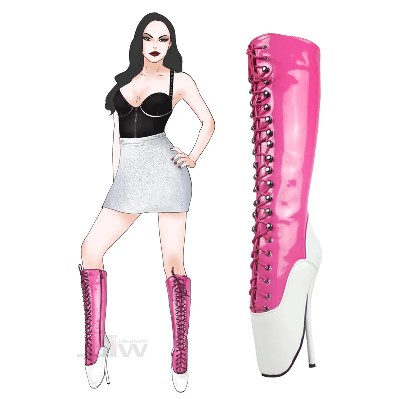 Harga Custom Made 18CM Sepatu Hak Tinggi Renda Lutut Balet Fetish Sepatu Peach Dan Putih Lebih Banyak Warna