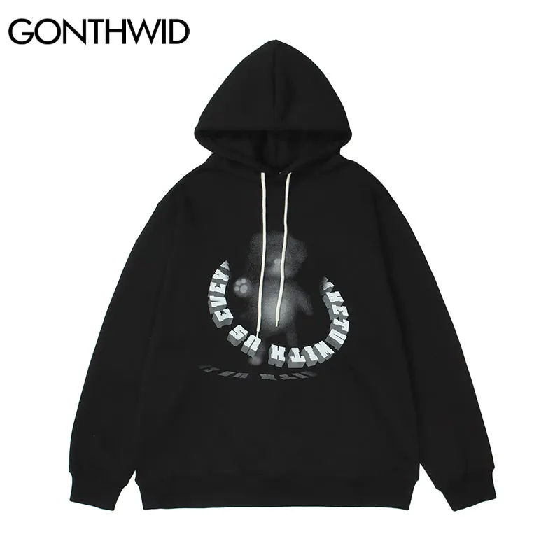 

GONTHWID Harajuku Streetwear Hooded Sweatshirts 3D Cartoon Bear Letter Print Hoodies Fashion Hip Hop Loose Hoodie Casual Tops