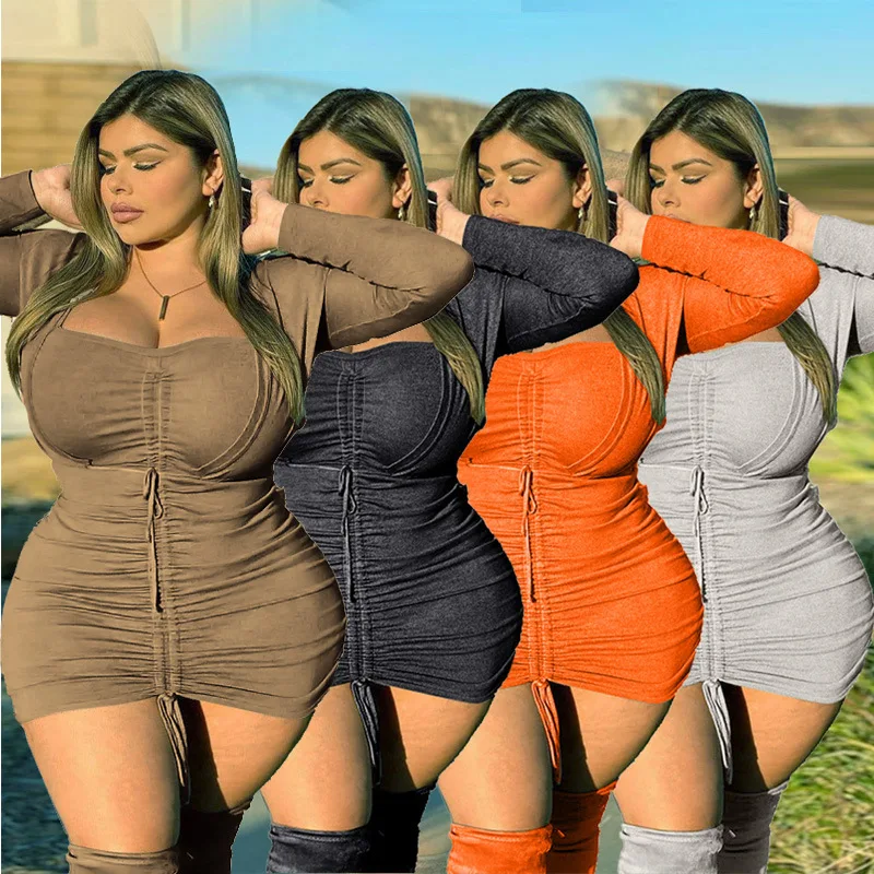 

Sexy Long Sleeve V-neck Solid Color Skirt Plus Size Dress Pleated Drawstring Skinny Women's Dresses