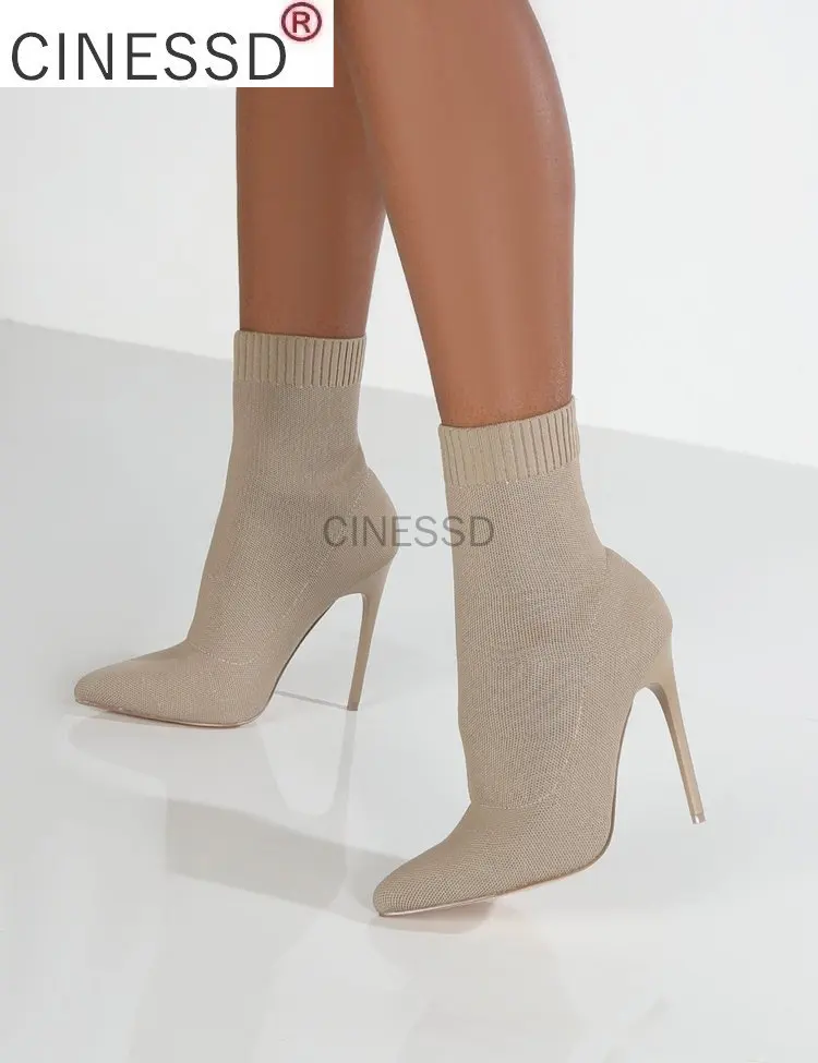 

2022 Autumn Luxury Women Beige Sock Boots Exotic Dancer High Heels Stiletto Boots Winter Fashion Stretch Fabric Boots Plus Size