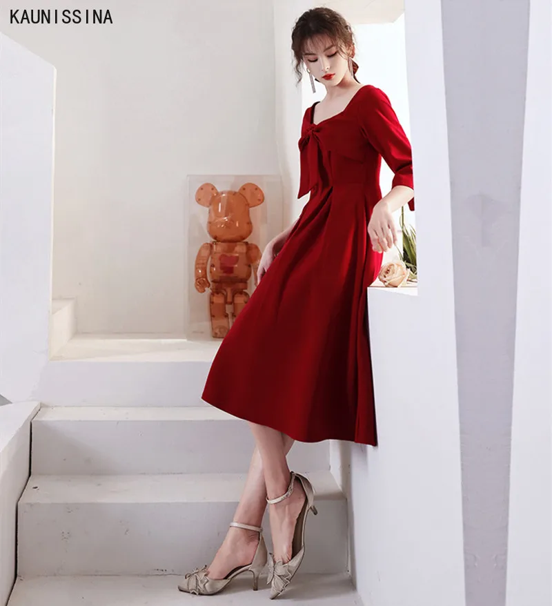 

KAUNISSINA Cocktail Dresses for Pregnant Women High Waisted Sweetheart 3/4 Sleeve Bow Burgundy Dress Formal Occasion Prom Gowns