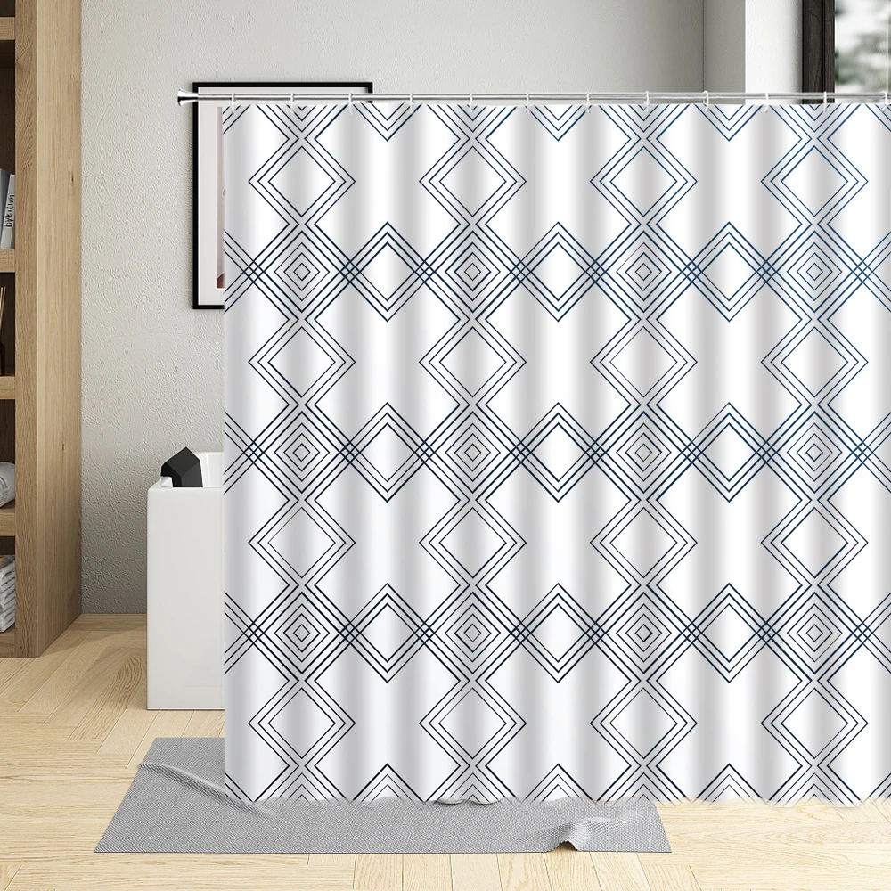 

Белая занавеска для душа, современный простой комплект из полиэстеровой ткани с геометрическим узором в полоску и решетку, с крючком