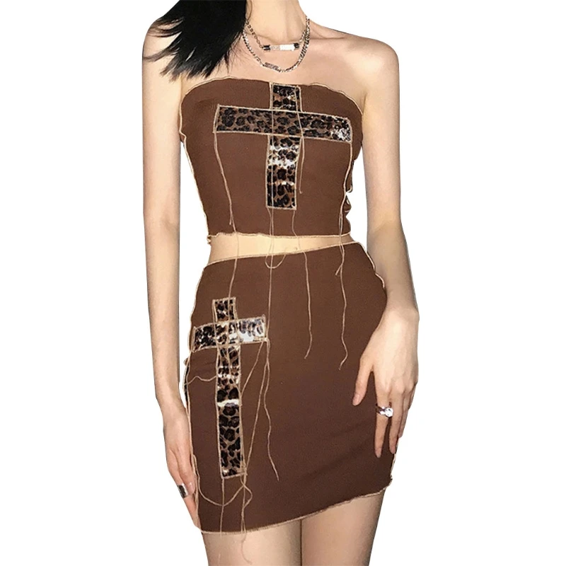 

H9ED Women Sexy 2pcs Cross Leopard Bodycon Outfit Strapless Tube Top and Mini Skirt