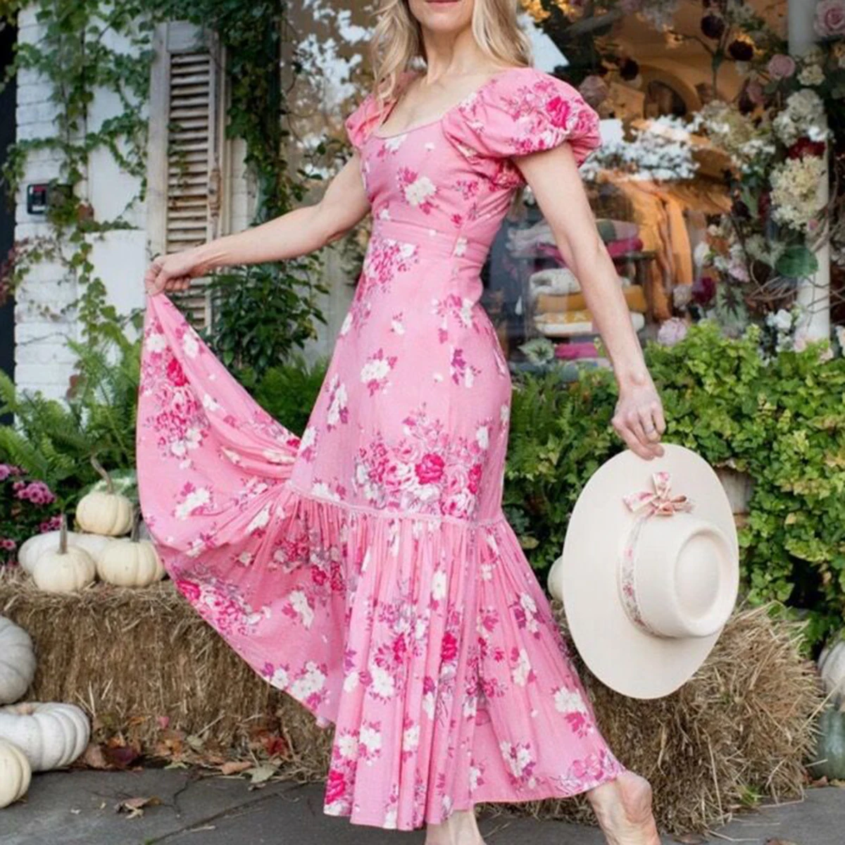 

Jastie 2022 Summer Women Dresses Floral Print Square Neck Puffs Short Sleeves Ruffle Hem Midi Dress Bohemian Beach Party Dress