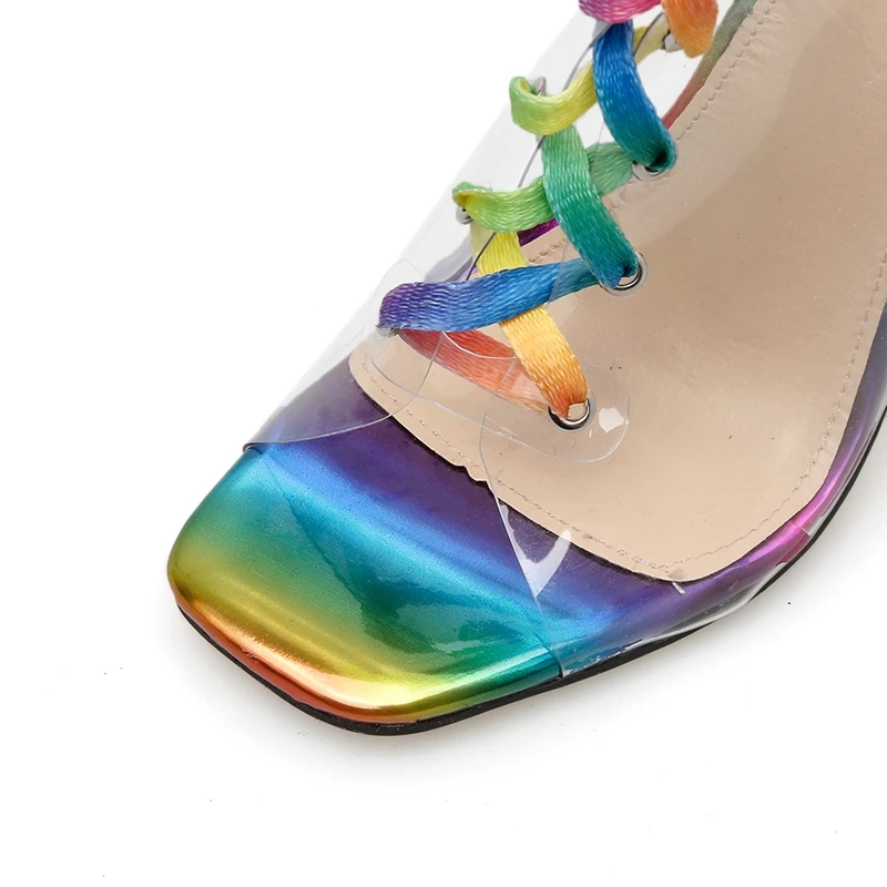 Ботильоны женские прозрачные радужные на шнуровке ботинки с открытым носком