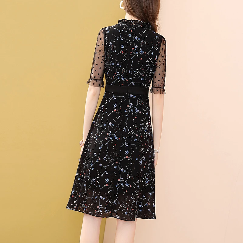 

Only Plus Women Black Chiffon Star Printed Dress Transparent Half Sleeve High Waist O-Neck A-Line Fairy Dresses For Women Summer