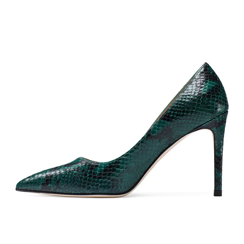 

Sexy fashion large green white snake Pu pointed stiletto single shoe