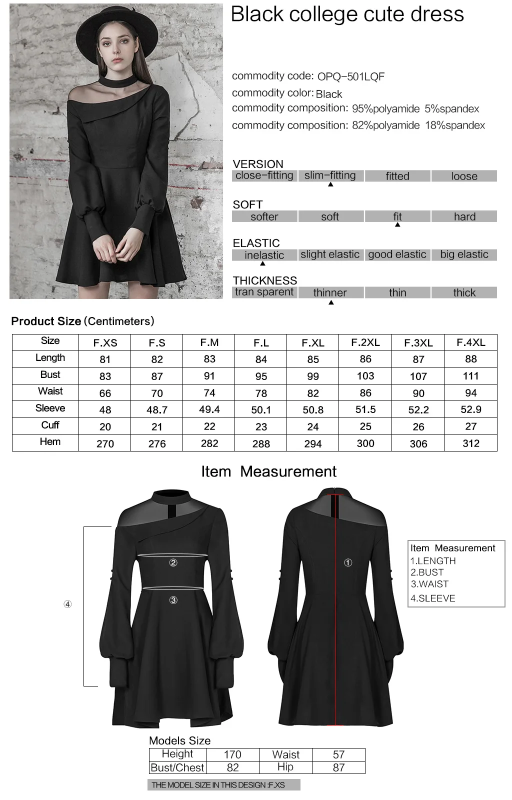 

PUNK RAVE Women's Black College Cute Dress Gothic Chiffon Mesh Stitching Long Sleeve Breathable Sexy Short Dress