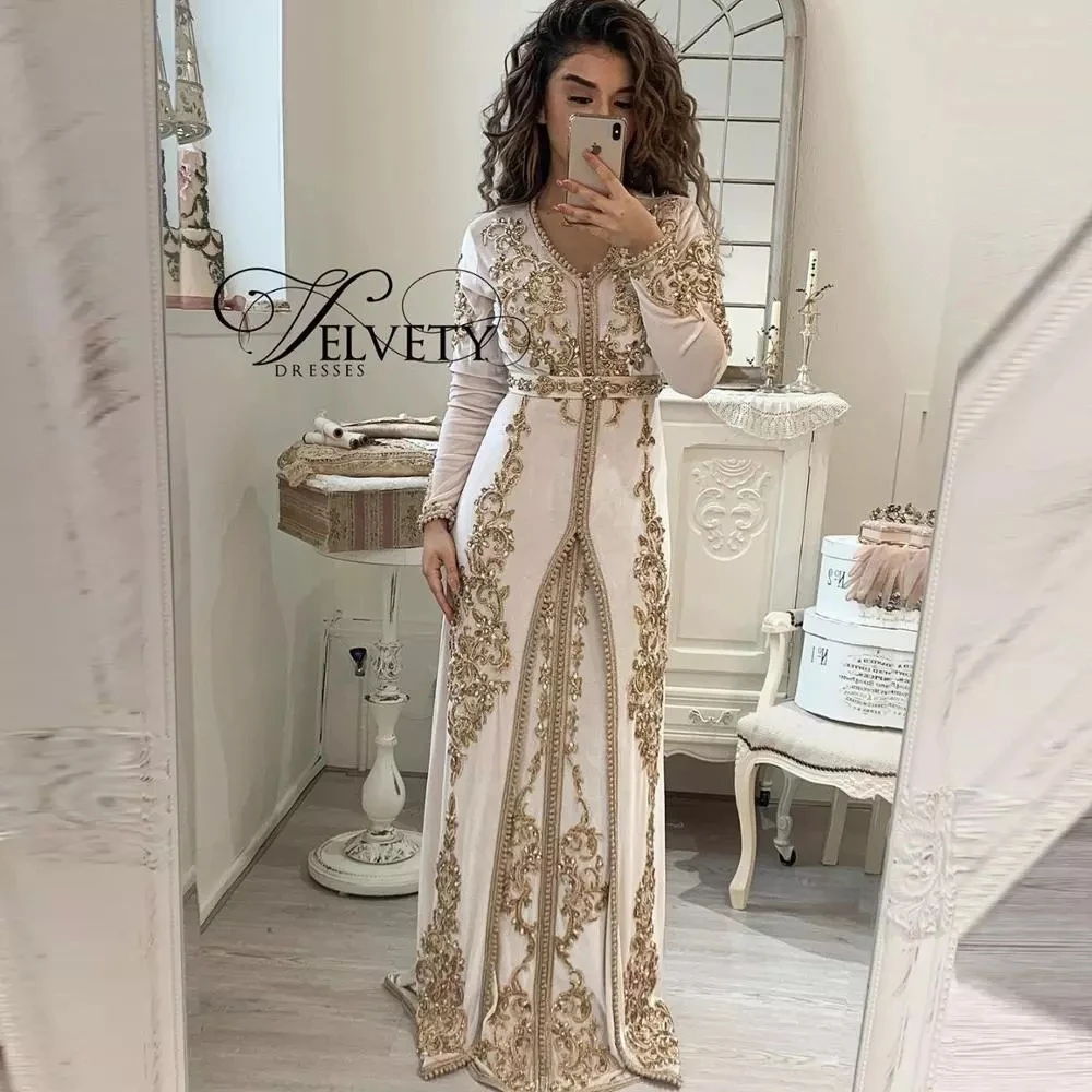

Moroccan Kaftan Caftan Muslim Evening Dresses A-line V-neck Long Sleeves Applique Beading Dubai Arabic Turkey Abaya Islamic Gown