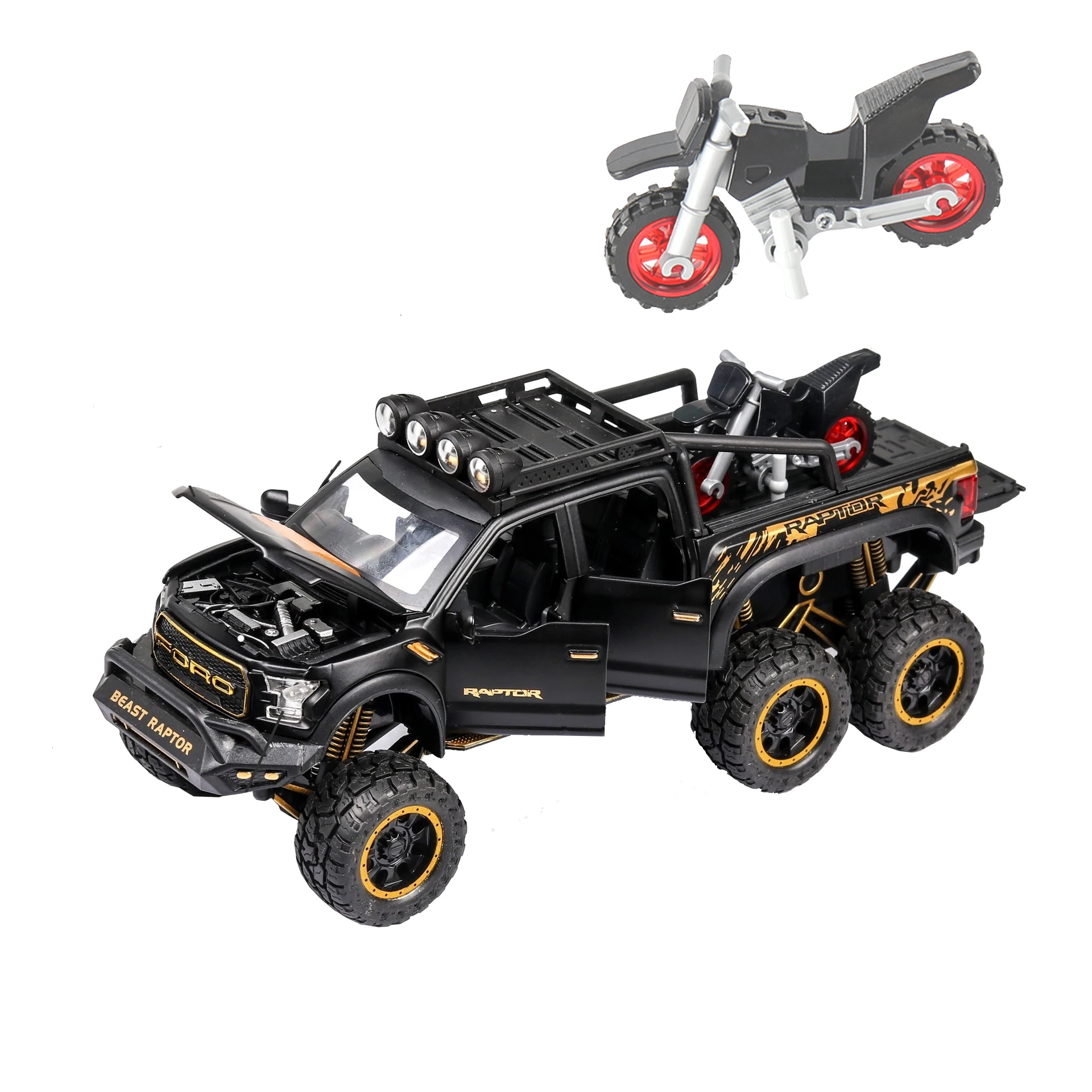 

1:28 Ford Raptor F150 Alloy Car Model with Light Voice Muli-fuction Off-road Model Christmas Gift Die-cast Car Toys for Boy