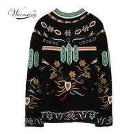 vintage style embroidery flower pattern lace up rope hem winter knit sweater female ethnic retro jumper warm tops c 061