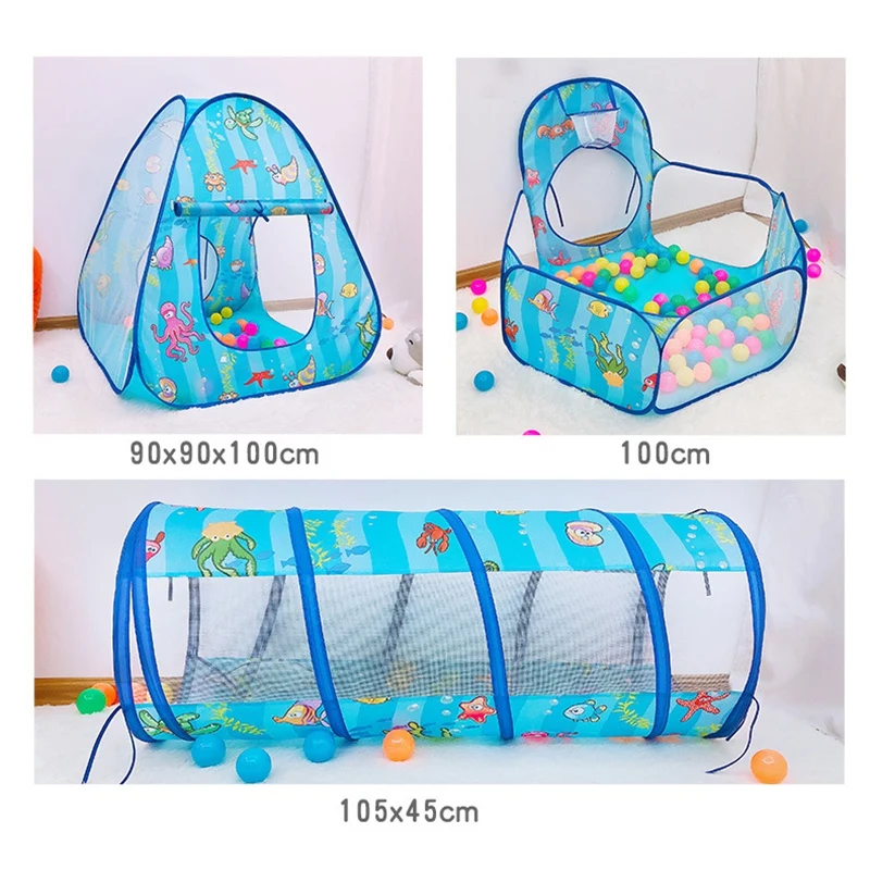 

3Pcs/Set Kids Tent House Play Toys Foldable Children Crawling Tunnel Portable Ocean Pool Pit Toy Blue Cartoon Play Tent
