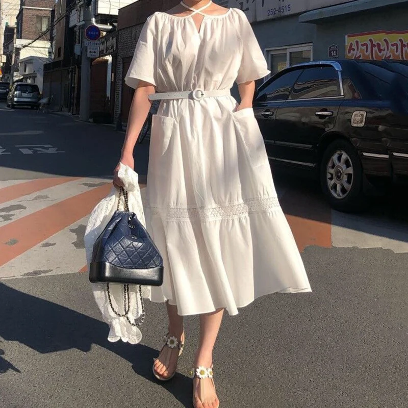 Ins/Корейский Элегантный светильник свободное кружевное платье большого размера |