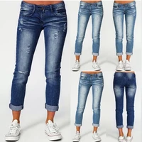 women skinny high waist jeans summer autumn casual ripped cuffs ankle length pencil stretch slim pants plus size