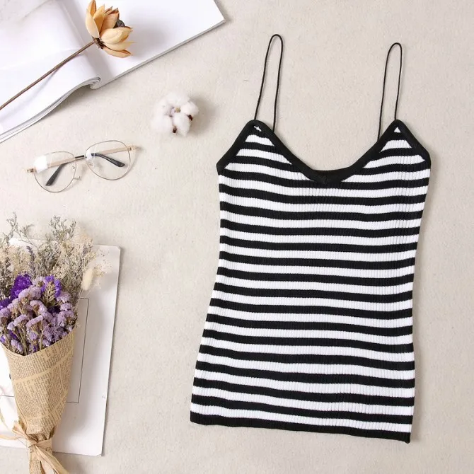 Women Summer Sexy Camisole Tanks Slim Casual Tank Tops Lady's Undershirt Solid Breathable Shoulder Vest For Female - Цвет: black white stripes
