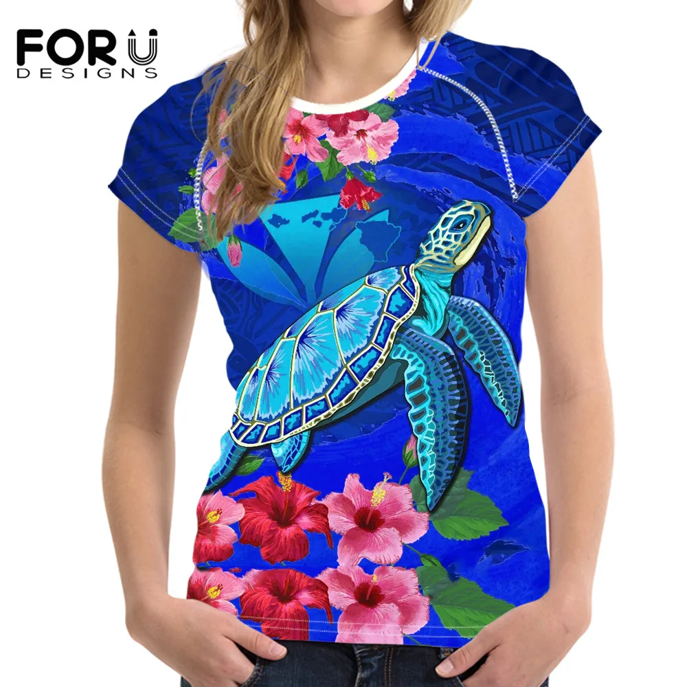 

FORUDESIGNS O-neck Women Casual T-Shirt Kanaka Maoli Turtle Polynesian Hibiscus Plumeria Teen Girls Loose Fashion Short Sleeve