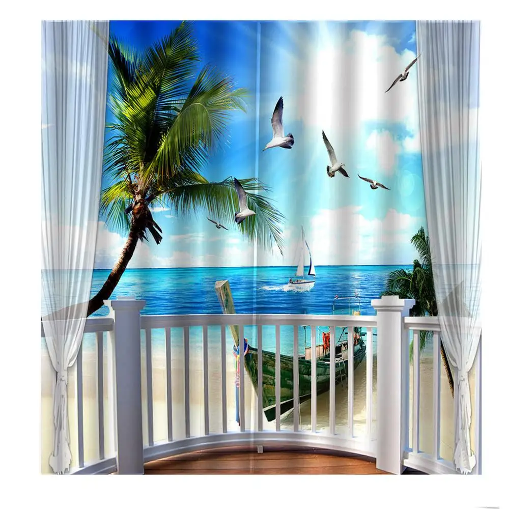 Тропический песочный пляж с видом на балкон 3D занавески окна морской пейзаж для