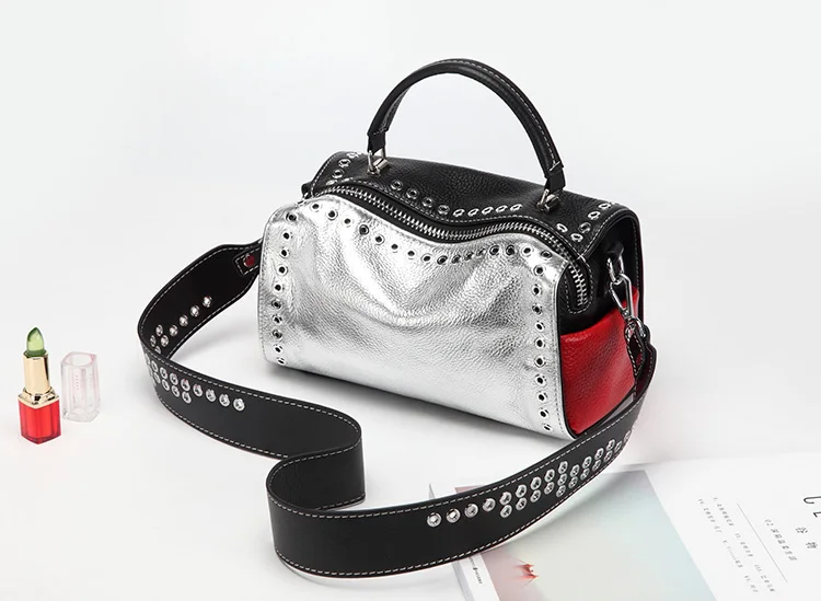 

Metal effect genuine leather totes bag With 2 shoulder straps panelled cow leather shoulder bags