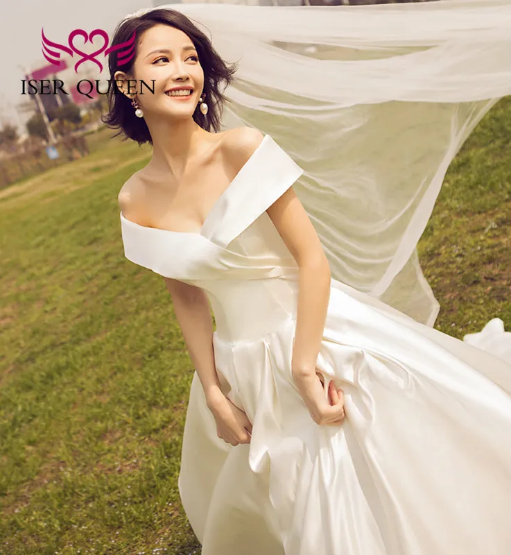 

V Neck Europe Elegant Satin Wedding Dress New Cap Sleeve Court Train Lace Up wedding dress 2020 Bridal Gown WX0055