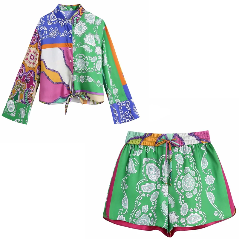 

PSEEWE Za Shorts Women 2021 Green Patchwork High Waist Short Pants Woman Summer Elastic Waist Vintage Loose Casual Shorts Sets