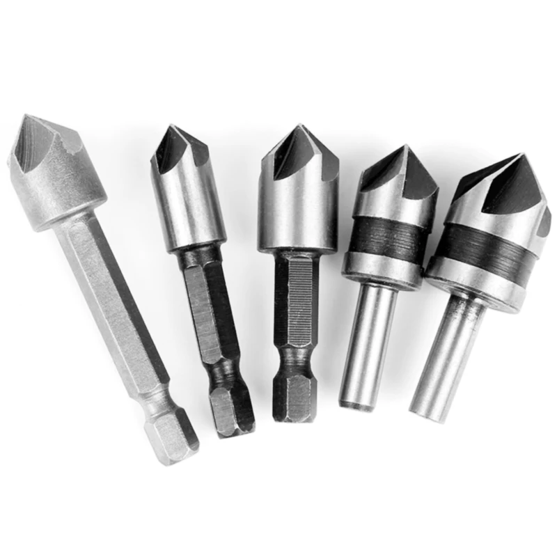 

5pcs 5 Flute Countersink Drill Bit Set 82 Point Angle Chamfer Cutter 1/4 Shank