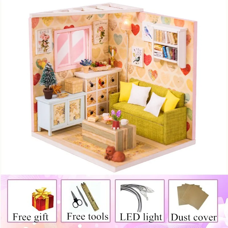 with dust cover miniature house with light kast cat doll accessories diy mini wooden dollhouse tiny child doll house toy oyuncak bebek evi - Цвет: with dust cover