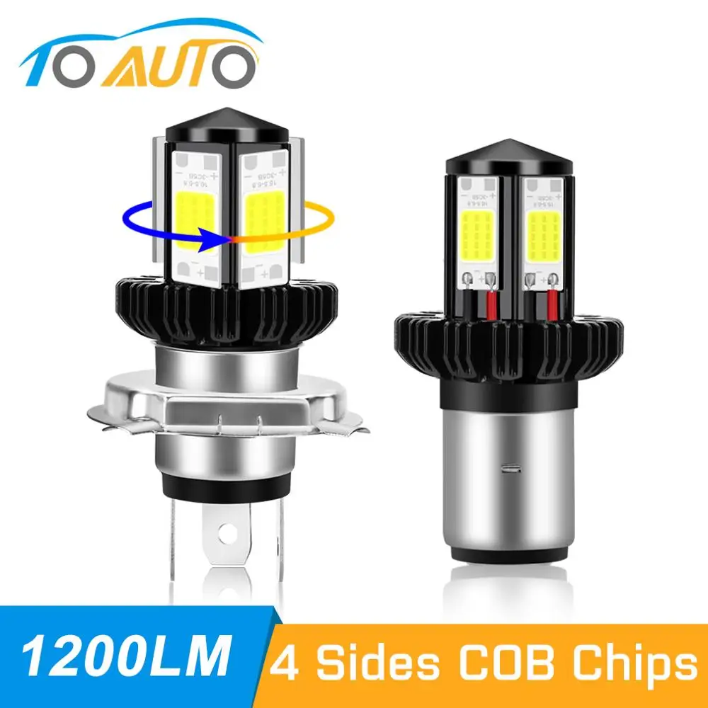 

H4 BA20D 1200LM Светодиодная лампа для мотоцикла 4 стороны COB чипы 6000K Супер Белый Мотор велосипед Скутер Hi Lo лампа мото фара