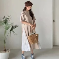 2021 summer casual korean fashion womens dress temperament simple pleated splicing color contrast round neck summer