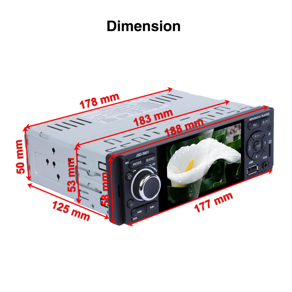 

JSD-3001 Car Stereo Head Unit Radio Multimedia Video Player 4.1 inch Touch Screen Bluetooth Music USB/SD FM Radio with AUX Input