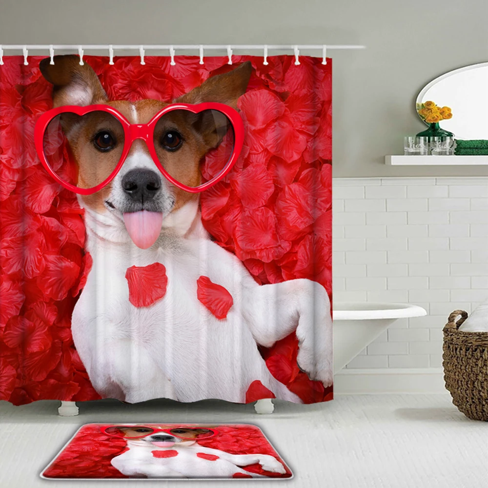 

Забавная душевая занавеска с принтом Love Dog, набор с крючками, водонепроницаемые занавески с цветами розы для ванной s, нескользящий коврик дл...
