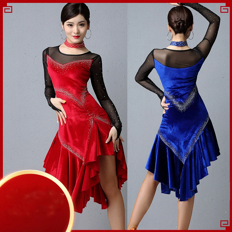 

Women Rhinestone Mesh Latin Dance Dress Standard Samba Ballroom Clothing High Quality Autumn Long Sleeve Velvet Dress