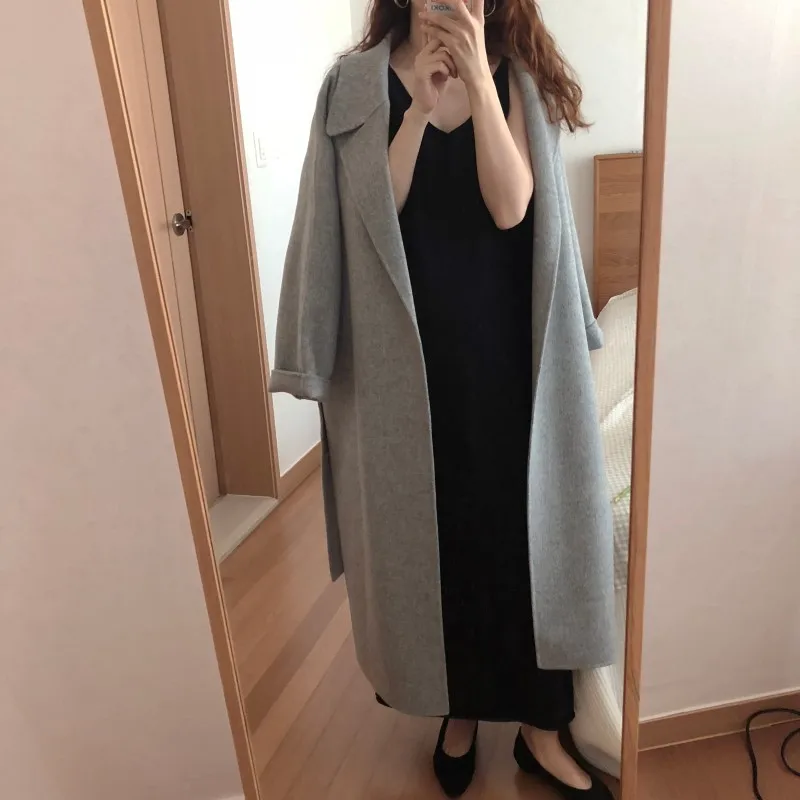 

ZCSMLL Korea's Autumn Overcoat Lapel Thinner Waistband Over The Knee The Long Imitated Cashmere Woolen Loose Coat Women